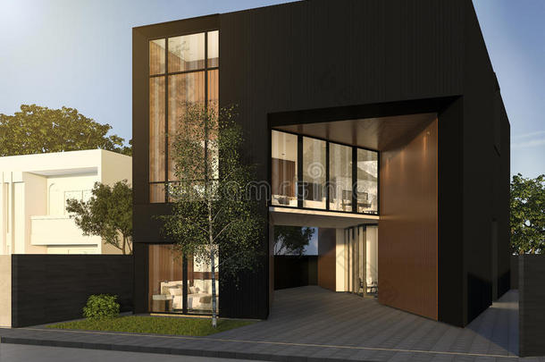 三维渲染最小的黑色立方房子在夏天