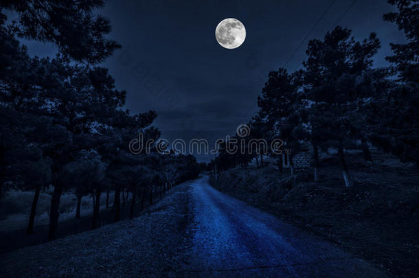 美丽的风景乡村街道，有建筑物和树木，夜空中有大满月。 大高加索。 阿塞拜疆自然g