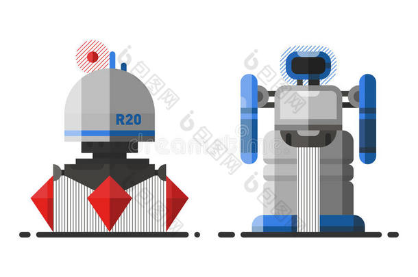 可爱的老式机器人技术机器未来科学玩具和Cyborg未来派设计机器人元素图标字符