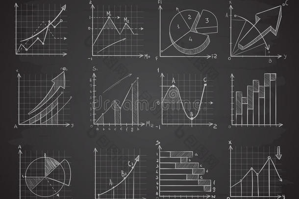 手绘商业统计数据图，社交图，黑板矢量集上的粉笔图