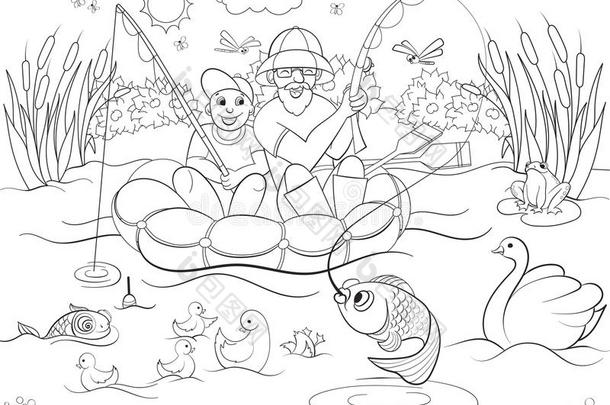钓鱼父子河上着色儿童卡通矢量插图