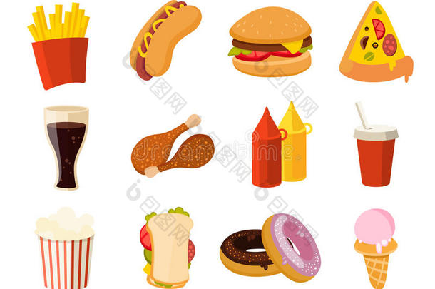 卡通快餐，汉堡，饮料，鸡肉玉米饼，沙拉，热狗矢量集