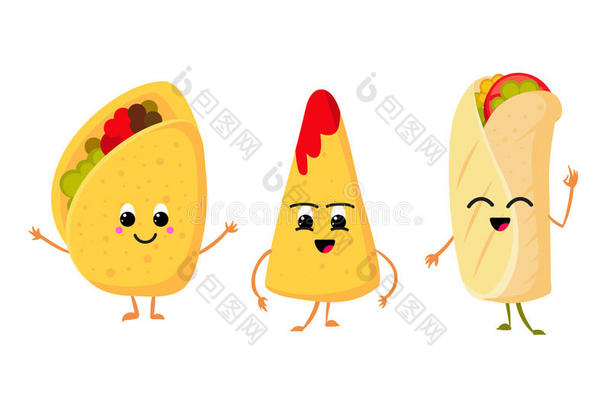可爱有趣的玉米玉米饼，玉米煎饼和玉米饼，脸上带着微笑。 新鲜午餐墨西哥食物矢量集