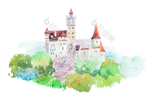 德古拉中世纪城堡麸皮著名的地标旅游和旅游水彩插图