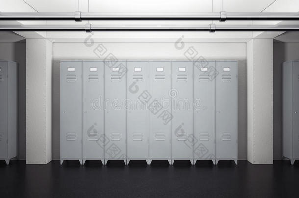 储物柜房间里的灰色金属储物柜。 三维渲染