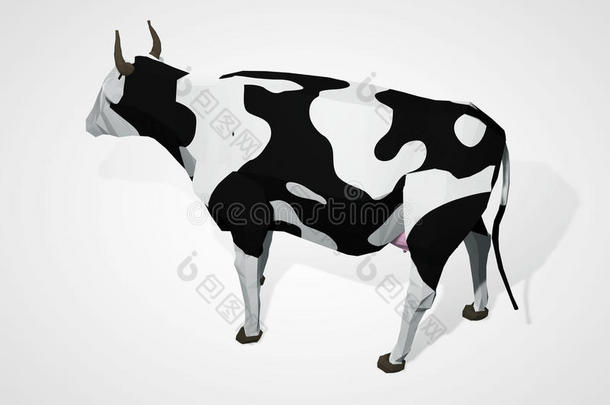 <strong>折纸</strong>奶牛的三维插图。 多边形<strong>几何</strong>风格的奶牛站立全长荷斯坦黑白奶牛