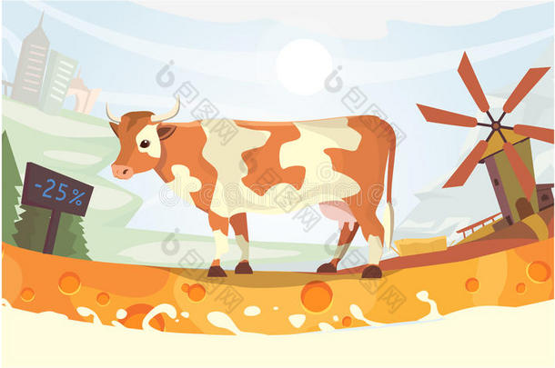 可爱的<strong>奶牛</strong>与牛奶河<strong>矢量</strong>插图。 五颜六色的景观农场。 <strong>卡通</strong>哺乳动物