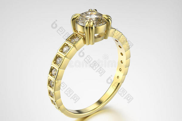 三维插图黄金戒指与钻石