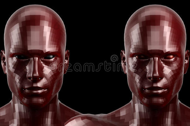 三维渲染。 两个刻面的红色Android头看着前面的相机