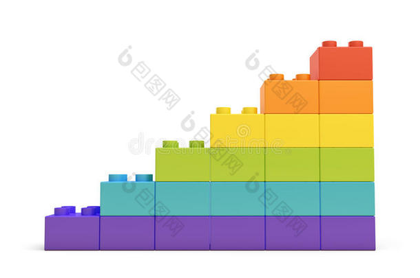 彩色楼梯的三维渲染，由许多砖块在白色背景上。