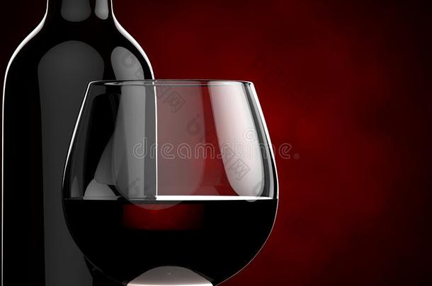 红色背景上有红酒的瓶子和<strong>玻璃</strong>杯。 <strong>三维</strong>插图。