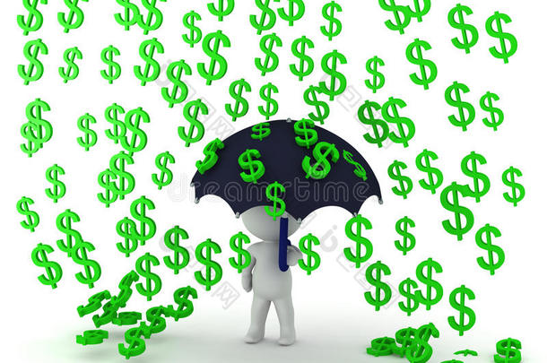 钱下雨时，3D角色拿着雨伞