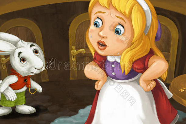 卡通场景，女孩在桌子附近哭，钥匙和瓶子在上面和可爱的兔子说话