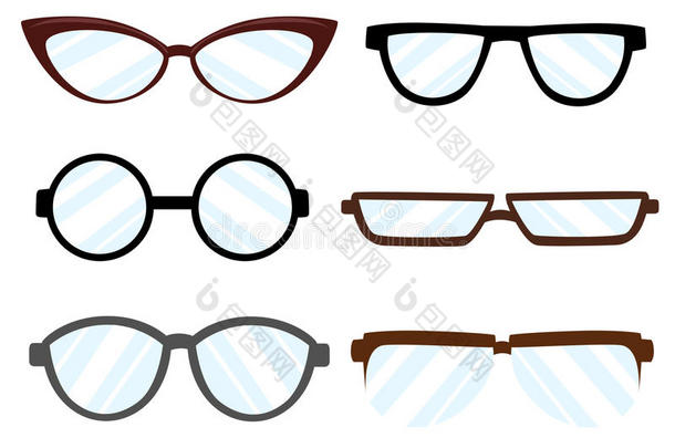 眼镜剪影不同风格-时尚，复古，复古，现代，经典。 平面设计风格插图。