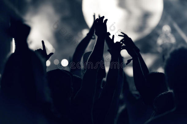 人群在音乐会上，<strong>观众</strong>举起手来，语气很好
