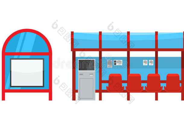 公共汽车站有座位和支付亭。 正面和侧面视图。