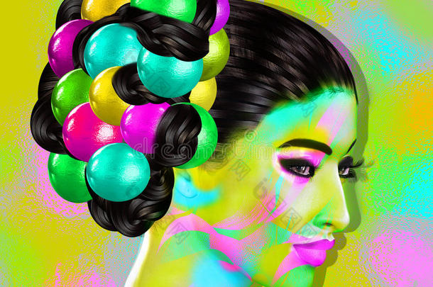 彩色流行艺术形象的女人`脸。 这是一个数字艺术形象，一个特写女人`脸在流行艺术风格。