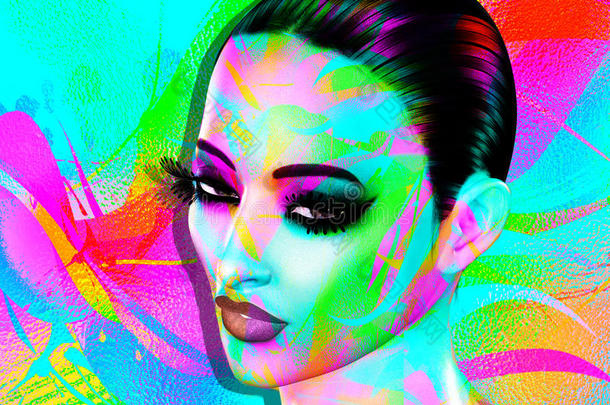 彩色流行艺术形象的女人`脸。 这是一个数字艺术形象，一个特写女人`脸在流行艺术风格。