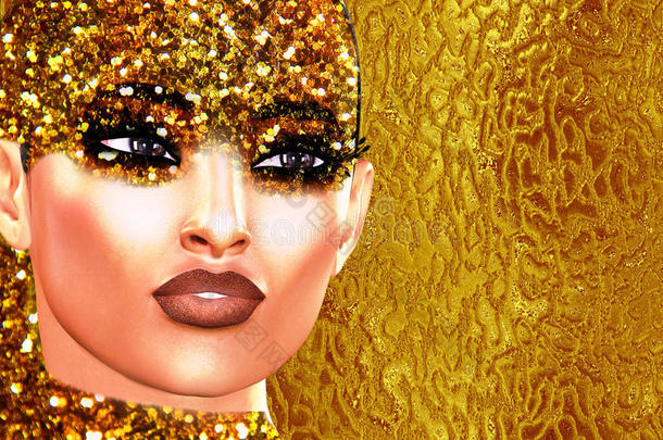 金色闪光的流行艺术形象，一个女人`脸。 这是一个数字艺术形象，一个特写女人`脸在流行艺术风格。