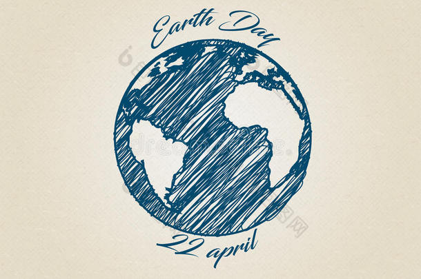 蓝色墨水素描矢量世界地球行星与文字周围。 地球日绘制回收纸箱