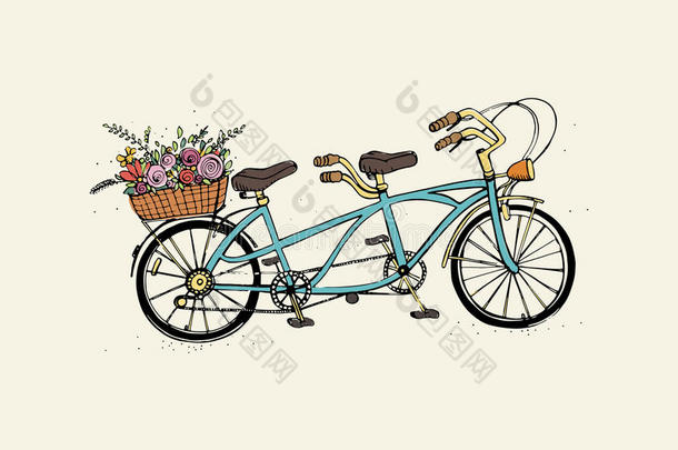 手绘串联城市自行车与花篮。 复古复古风格。 素描矢量彩色插图。