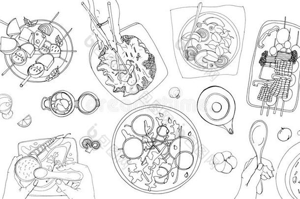 节日素食餐桌，铺设桌子，节日手绘轮廓图，顶部视图