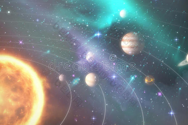 具有太阳三维的各种行星的图形图像