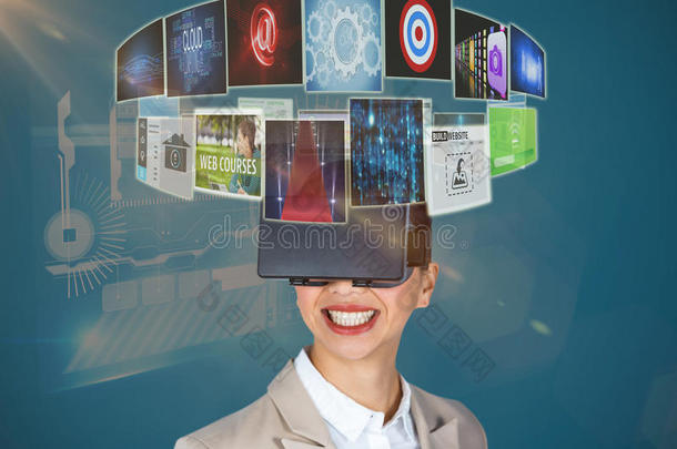 微笑的女商人戴着虚拟<strong>视频眼</strong>镜3D的复合图像