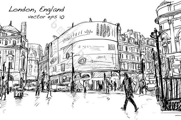 伦敦英格兰城市景观素描，展示步行街