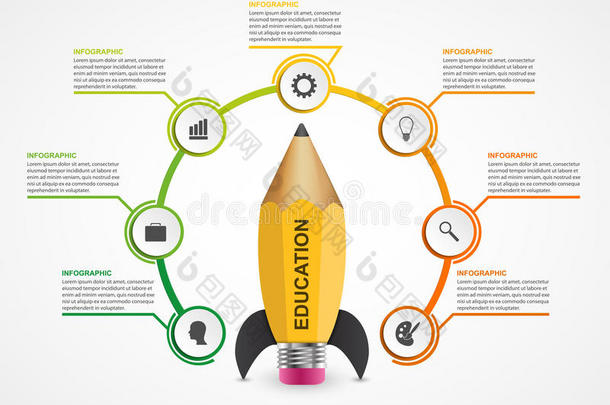 教育选项信息图形设计模板。 用于教育和商业演示和小册子的铅笔火箭。