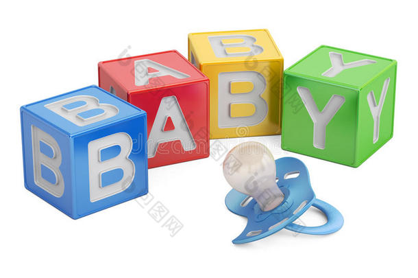 教育婴儿概念，儿童立方体与奶嘴。 3D