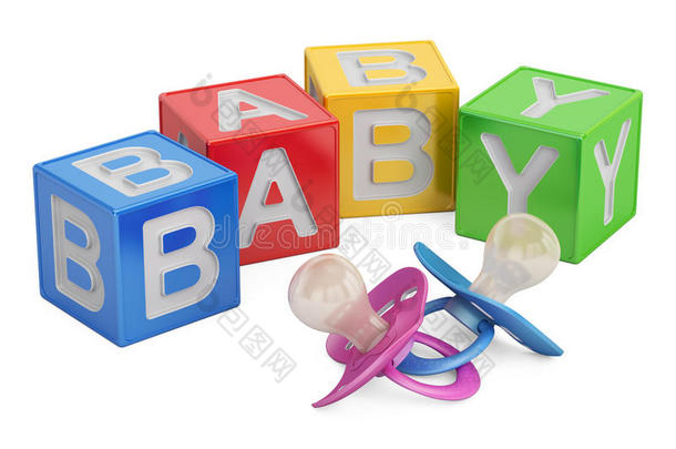 教<strong>育婴</strong>儿概念，儿童立方体与奶嘴。 3D