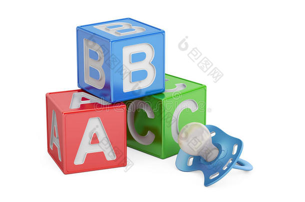 婴儿概念教育，ABC立方体与奶嘴。 三维渲染
