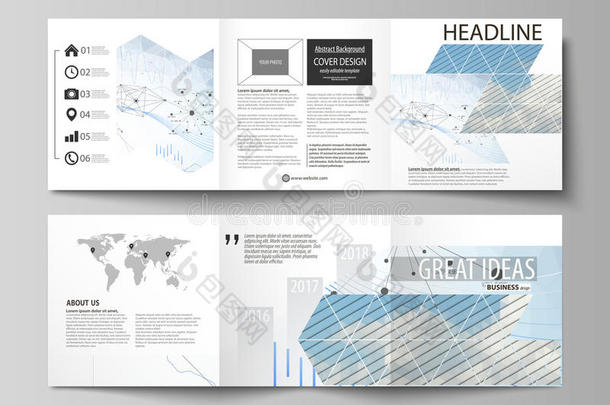 三折方形设计手册的业务模板。 传单封面，矢量布局。 蓝色抽象信息图