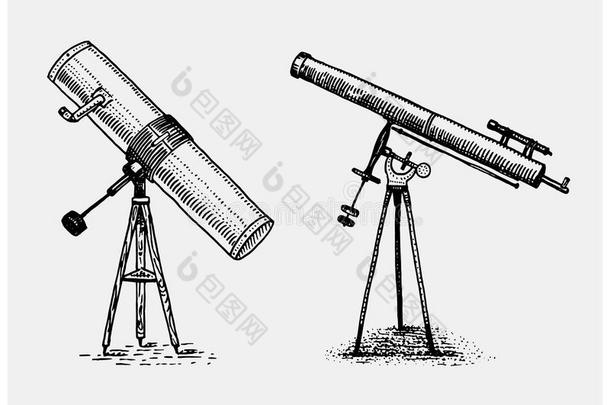 <strong>天文望远镜</strong>，复古，雕刻的手画在素描或木刻风格，旧的看起来复古