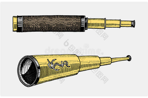 <strong>天文望远镜</strong>，复古，雕刻的手画在素描或木刻风格，旧的看起来复古