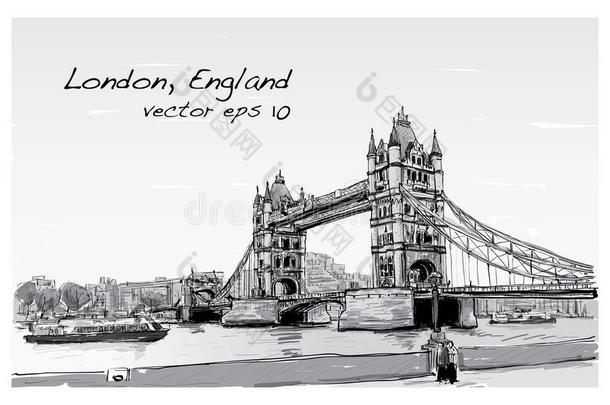 城市景观素描塔桥，伦敦，英国