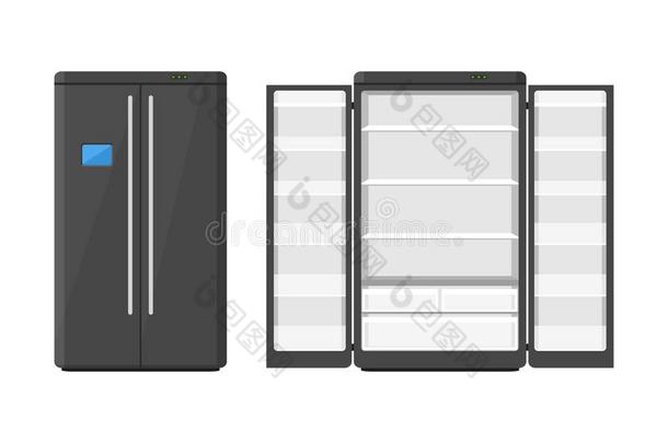 黑色现代家<strong>用电器</strong>冰箱，两扇门隔离在白色背景上。 电子设备冰箱