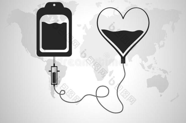 血袋和心脏。 献血日概念。 人类捐赠血液。 平面风格的矢量插图。