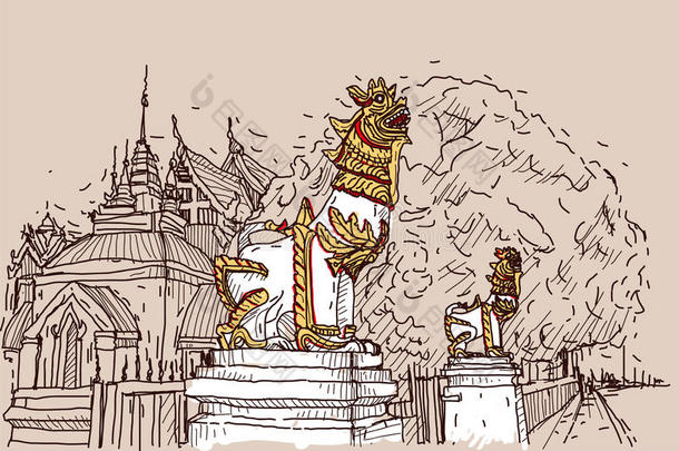 城市景观素描在泰国寺庙普拉萨，狮子雕塑