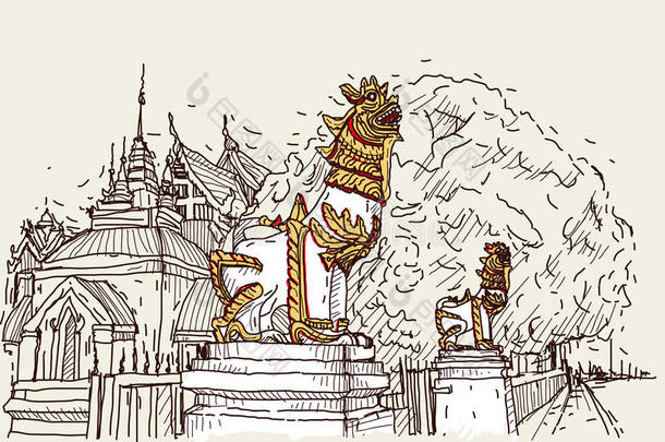 <strong>城市</strong>景观素描在泰国寺庙普拉萨，狮子<strong>雕塑</strong>