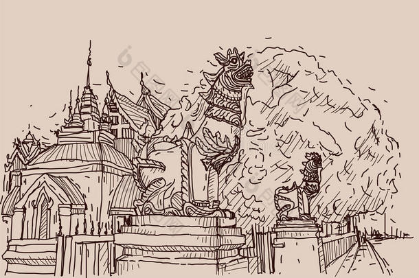 城市景观素描在泰国寺庙普拉萨，狮子雕塑