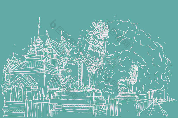 <strong>城市</strong>景观<strong>素描</strong>在泰国寺庙普拉萨，狮子雕塑