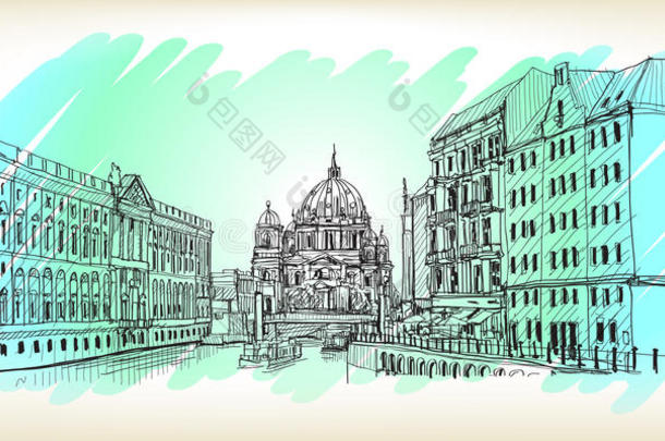 德国的城市景观。柏林大教堂。旧<strong>建筑手绘</strong>