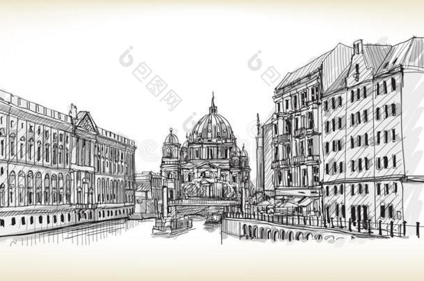 德国的城市景观。柏林大教堂。旧<strong>建筑手绘</strong>