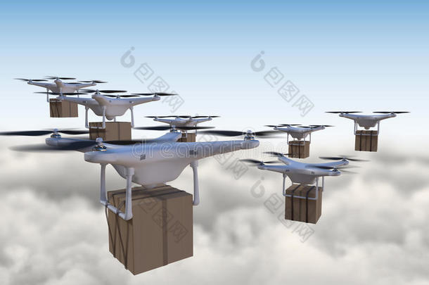 三维展示了许多无人机飞越云层和交付包裹