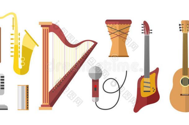 不同的<strong>乐器</strong>，<strong>矢量</strong>，音乐，吉他，小提琴和声音，古典音乐会，小号收集娱乐