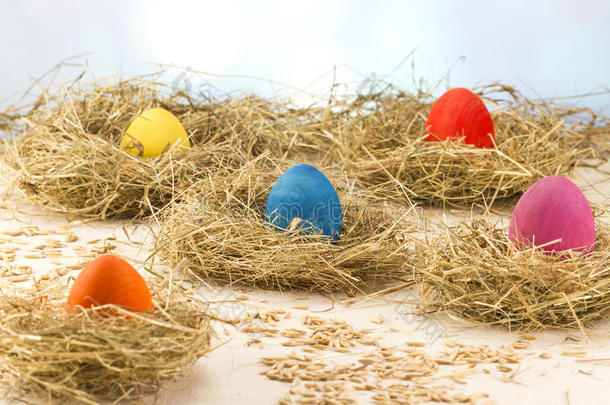干草中复活节彩蛋。 小新生小鸡