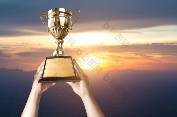 一个男人举起一个金色奖杯杯与日落天空背景公司
