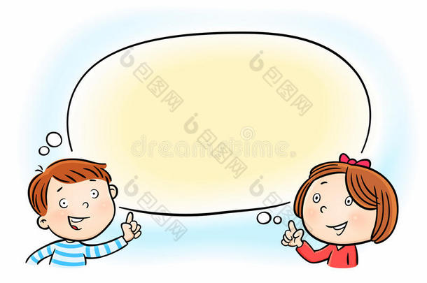 女孩和男孩指着白色的空白演讲，思考泡泡